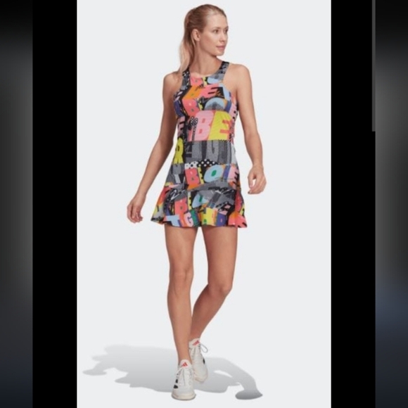 Adidas Tennis Prep 80s Graphic Print Racerback Built In Bra Athleisure Dress - Picture 2 of 11